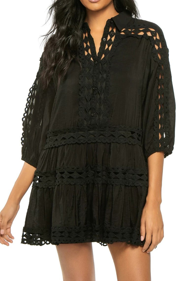 Elan Crochet Shirt Dress Black - Fleur - De - Lis Boutique