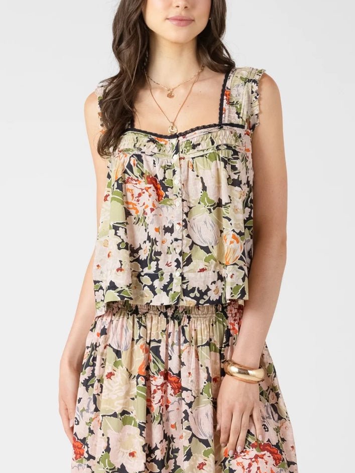 Black Tape Pintuck Detail Button Front Tank Vintage Rose - Fleur - De - Lis Boutique