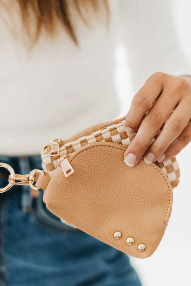 Wonderlust Woven Dual Pouch Wristlet Tan Checkered - Fleur-De-Lis Boutique
