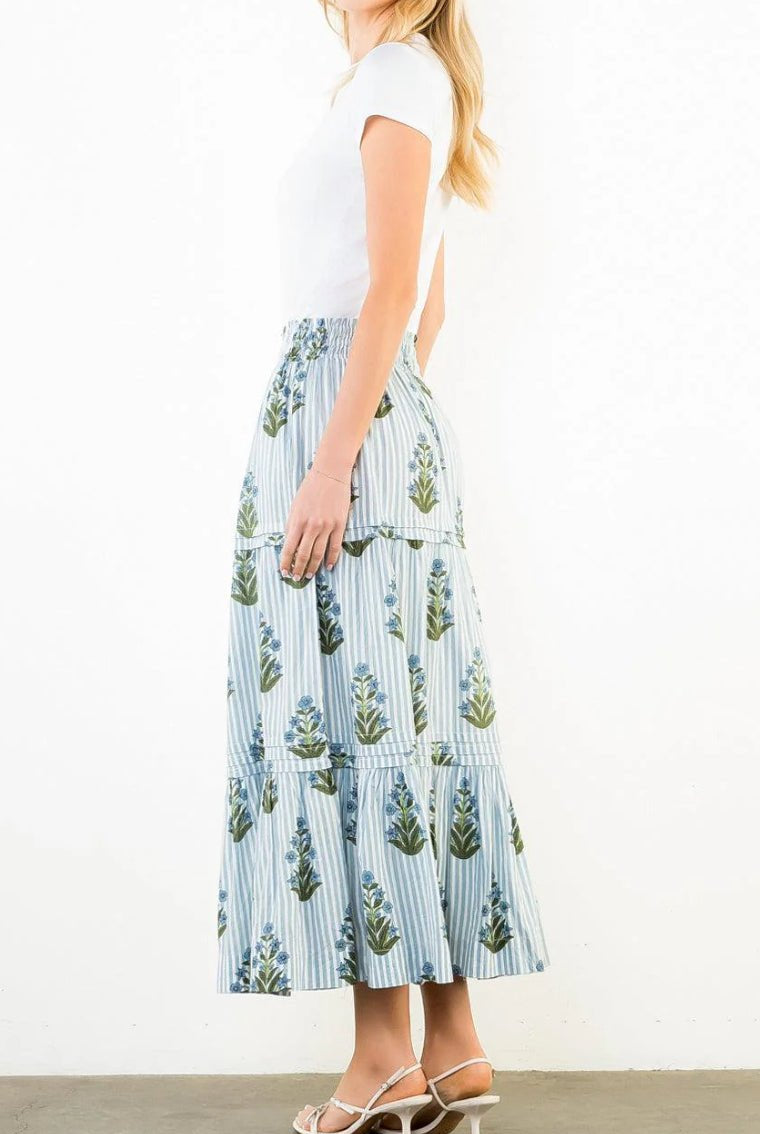 THML Long Striped Floral Pattern Midi Skirt - Fleur - De - Lis Boutique