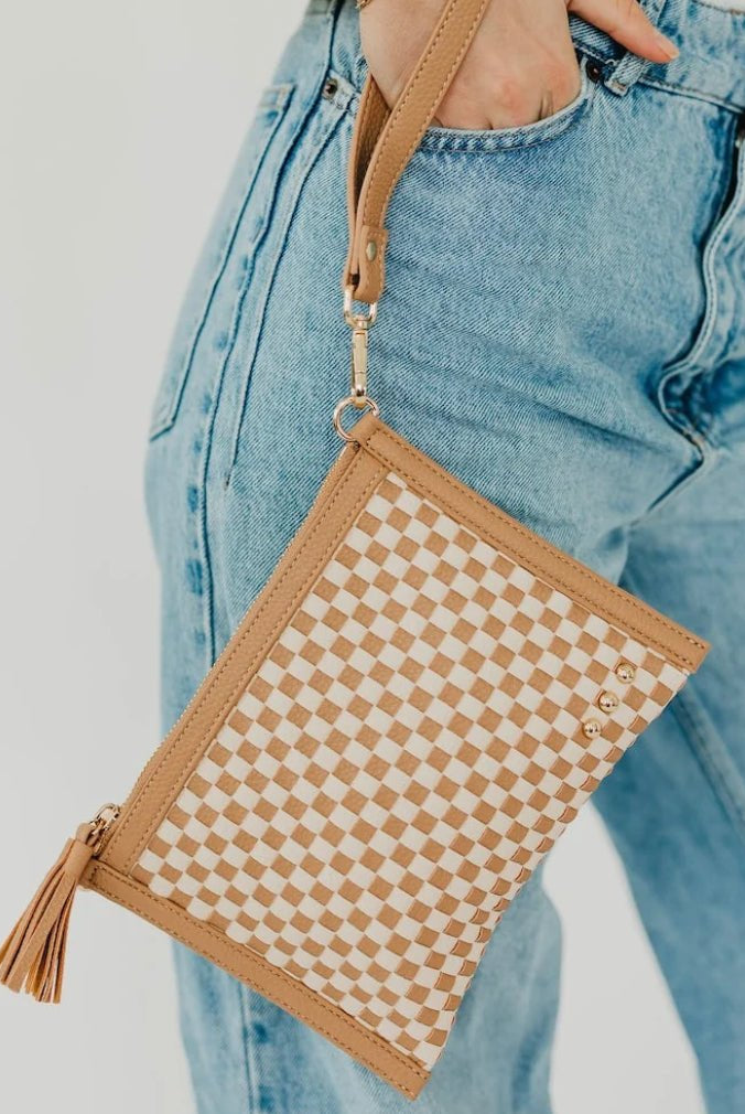 Veda Woven Crossbody and Clutch Checkered Tan - Fleur-De-Lis Boutique