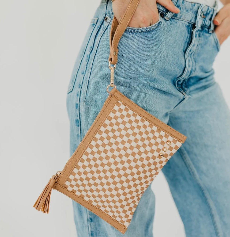 Veda Woven Crossbody and Clutch Checkered Tan - Fleur-De-Lis Boutique