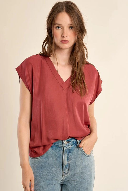 Woven V - Neck Terracotta Top - Fleur - De - Lis Boutique