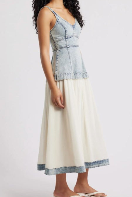 Mixed Media Washed Denim Sleeveless Midi - Fleur - De - Lis Boutique