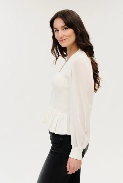 Six Fifty Alexandra Peplum White Sweater Chiffon Sleeve - Fleur-De-Lis Boutique