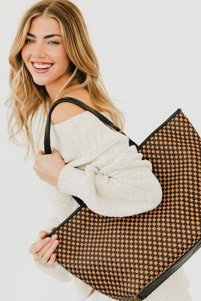 Pretty Simple Woven Tiffany Organizer Tote Checkered Coffee - Fleur-De-Lis Boutique