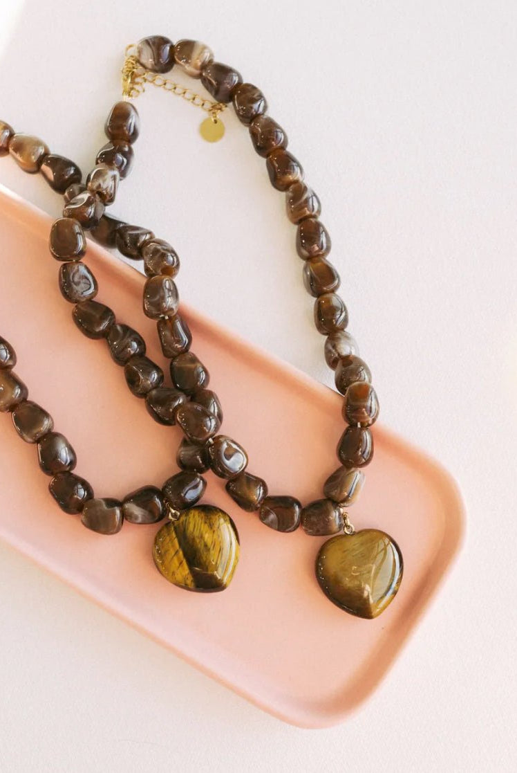 BELJOY Jade Stone Heart Necklace Brown - Fleur-De-Lis Boutique