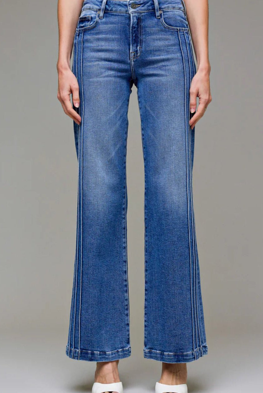 Hidden Pintuck Mid Rise Comfort Flare Dark Wash - Fleur - De - Lis Boutique