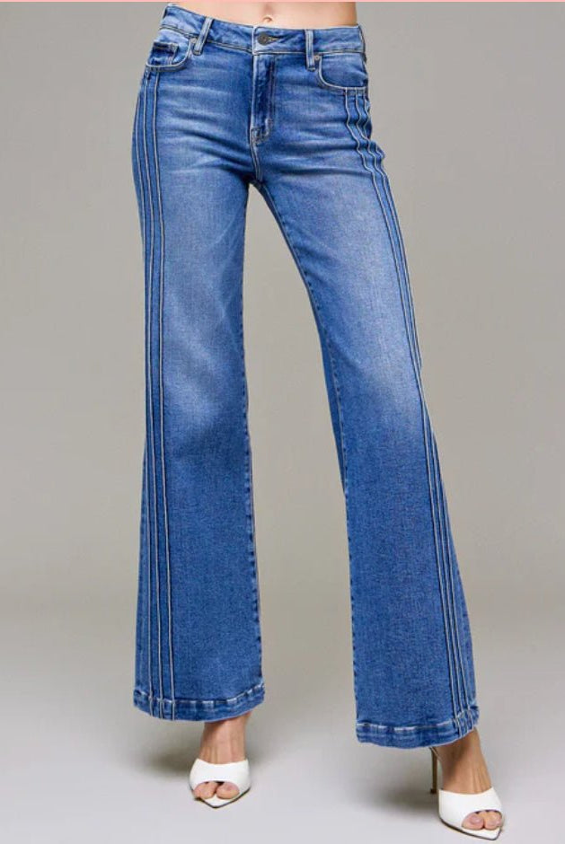 Hidden Pintuck Mid Rise Comfort Flare Dark Wash - Fleur - De - Lis Boutique