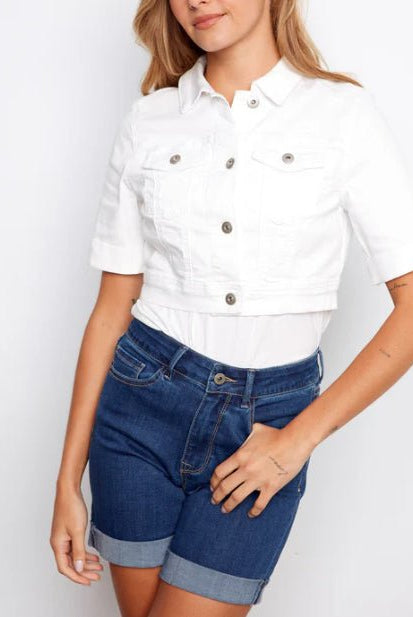 Hidden Short Sleeve Cropped Jacket White - Fleur - De - Lis Boutique
