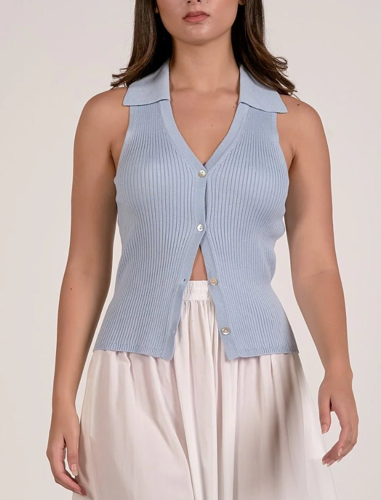Elan Collared Knit Vest Blue - Fleur - De - Lis Boutique