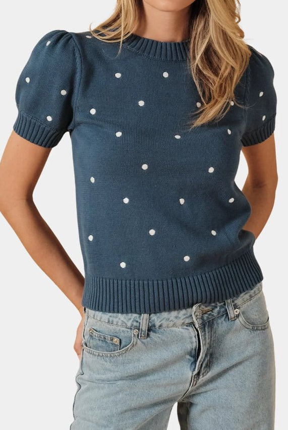 Round Neck Puff Short Sleeve Dot Sweater Dusty Blue - Fleur-De-Lis Boutique