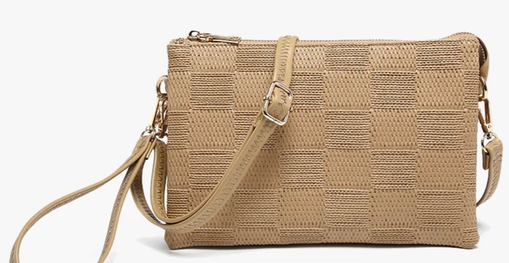 Jen & Co Izzy Vegan Large Checker Crossbody Taupe - Fleur - De - Lis Boutique