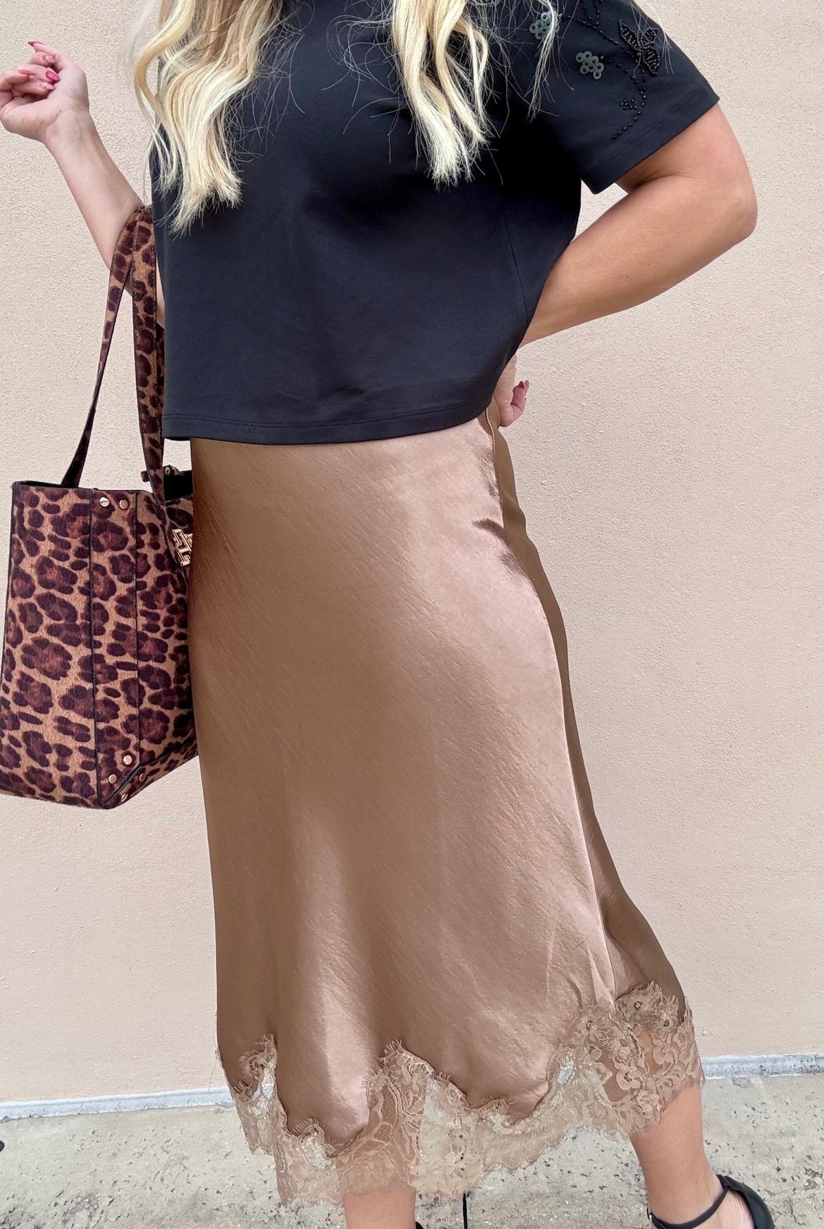 Merci Bronze Lace Edge Midi Skirt - Fleur-De-Lis Boutique
