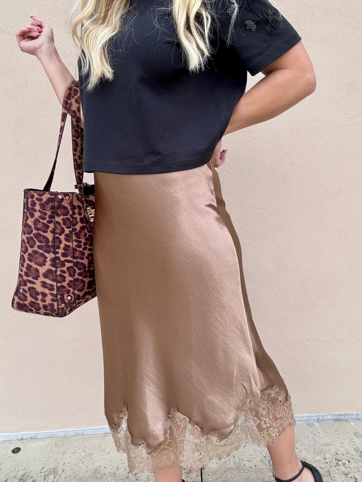 Merci Bronze Lace Edge Midi Skirt - Fleur-De-Lis Boutique
