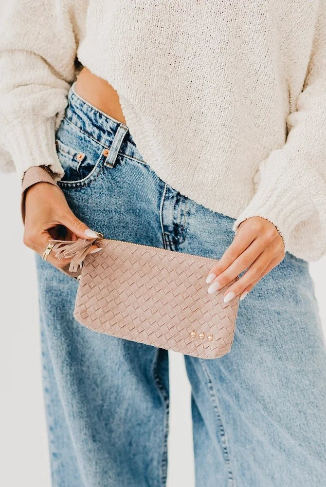 Pretty Simple Suede Emma Woven Clutch Wristlet Taupe - Fleur-De-Lis Boutique