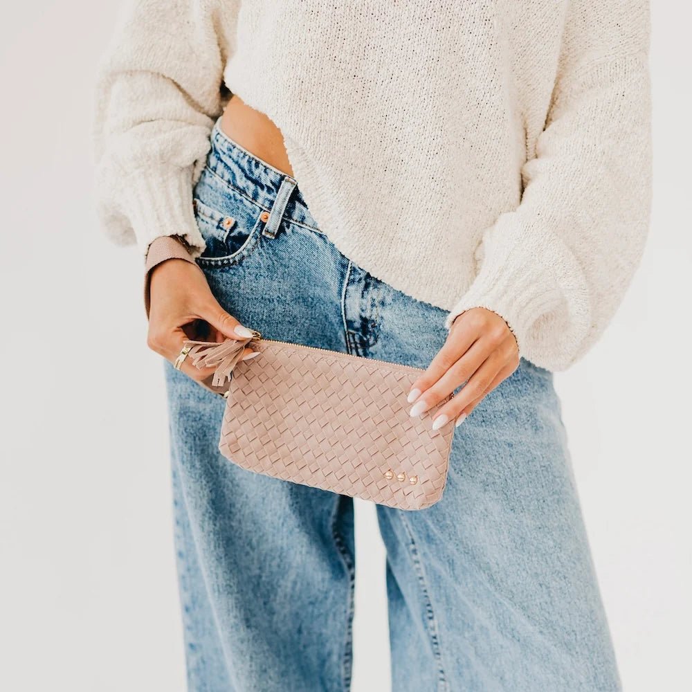 Pretty Simple Suede Emma Woven Clutch Wristlet Taupe - Fleur-De-Lis Boutique