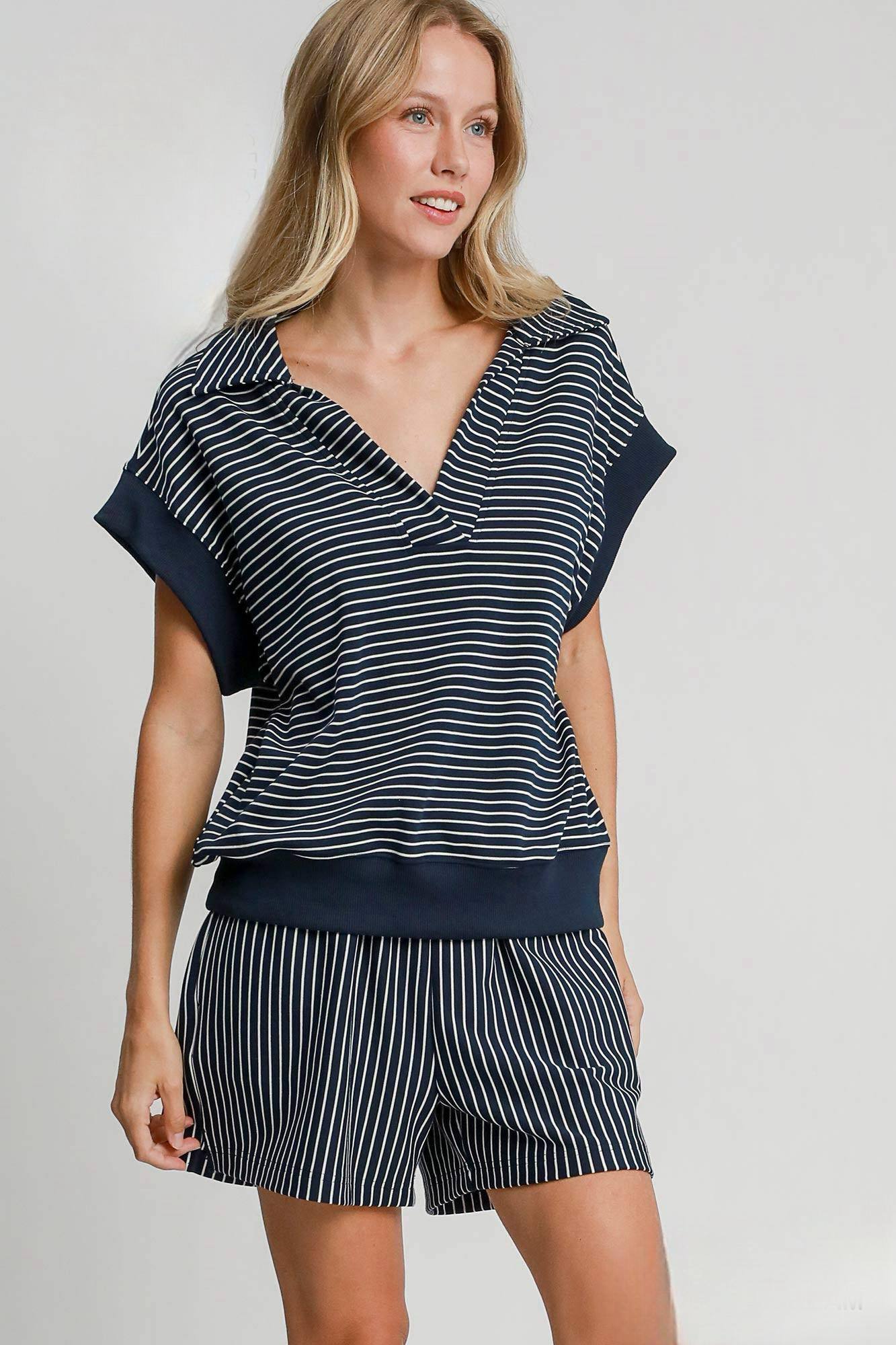 Striped Luxeknit Polo Sweatshirt - Fleur - De - Lis Boutique