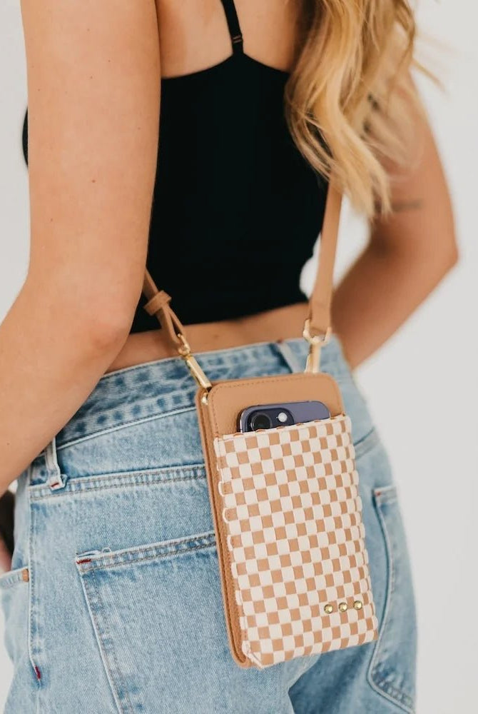 Pretty Simple Double Duty Phone Bag Checkered Tan - Fleur-De-Lis Boutique