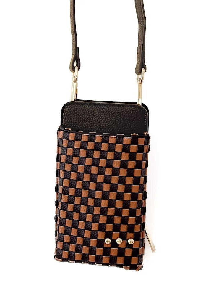 Pretty Simple Double Duty Phone Bag Checkered Coffee - Fleur-De-Lis Boutique