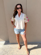 THML Beige Embroidered Bubble Sleeve Top - Fleur - De - Lis Boutique