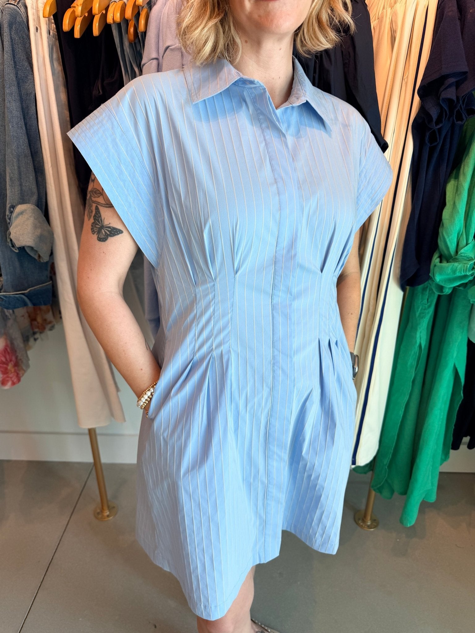 THML Short Sleeve Striped Button Down Dress Blue - Fleur - De - Lis Boutique