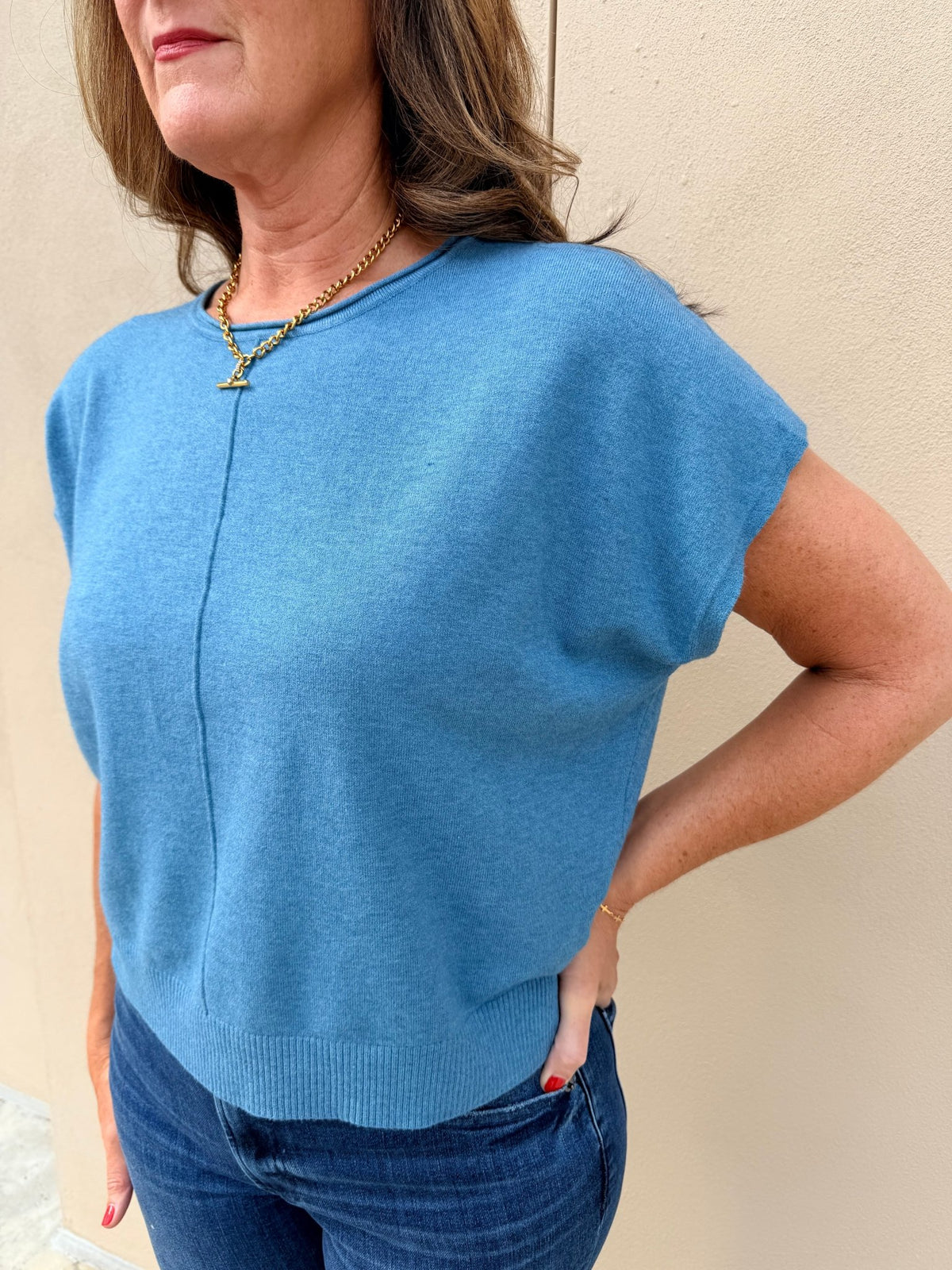 KDL Scoop Neck Short Sleeve Sweater Denim - Fleur-De-Lis Boutique
