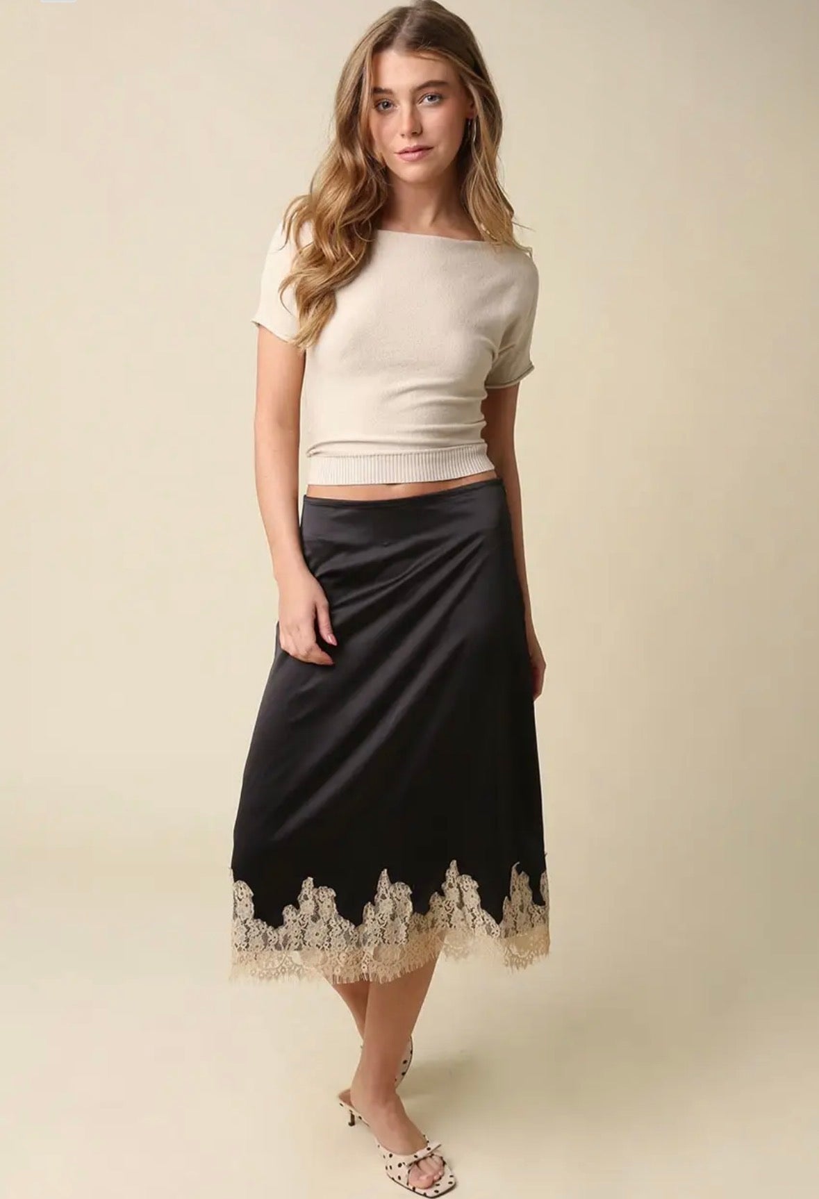 Lois Lace Trim Satin Midi Skirt - Fleur-De-Lis Boutique