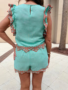 THML Embroidery Detail Shorts Turquoise and Orange - Fleur - De - Lis Boutique