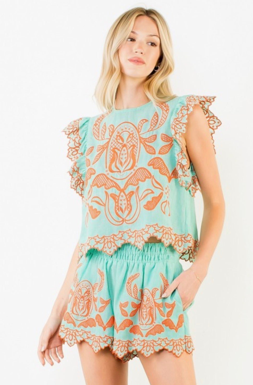 THML Embroidered Flutter Sleeve Top Turquoise and Orange - Fleur - De - Lis Boutique