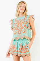 THML Embroidered Flutter Sleeve Top Turquoise and Orange - Fleur - De - Lis Boutique