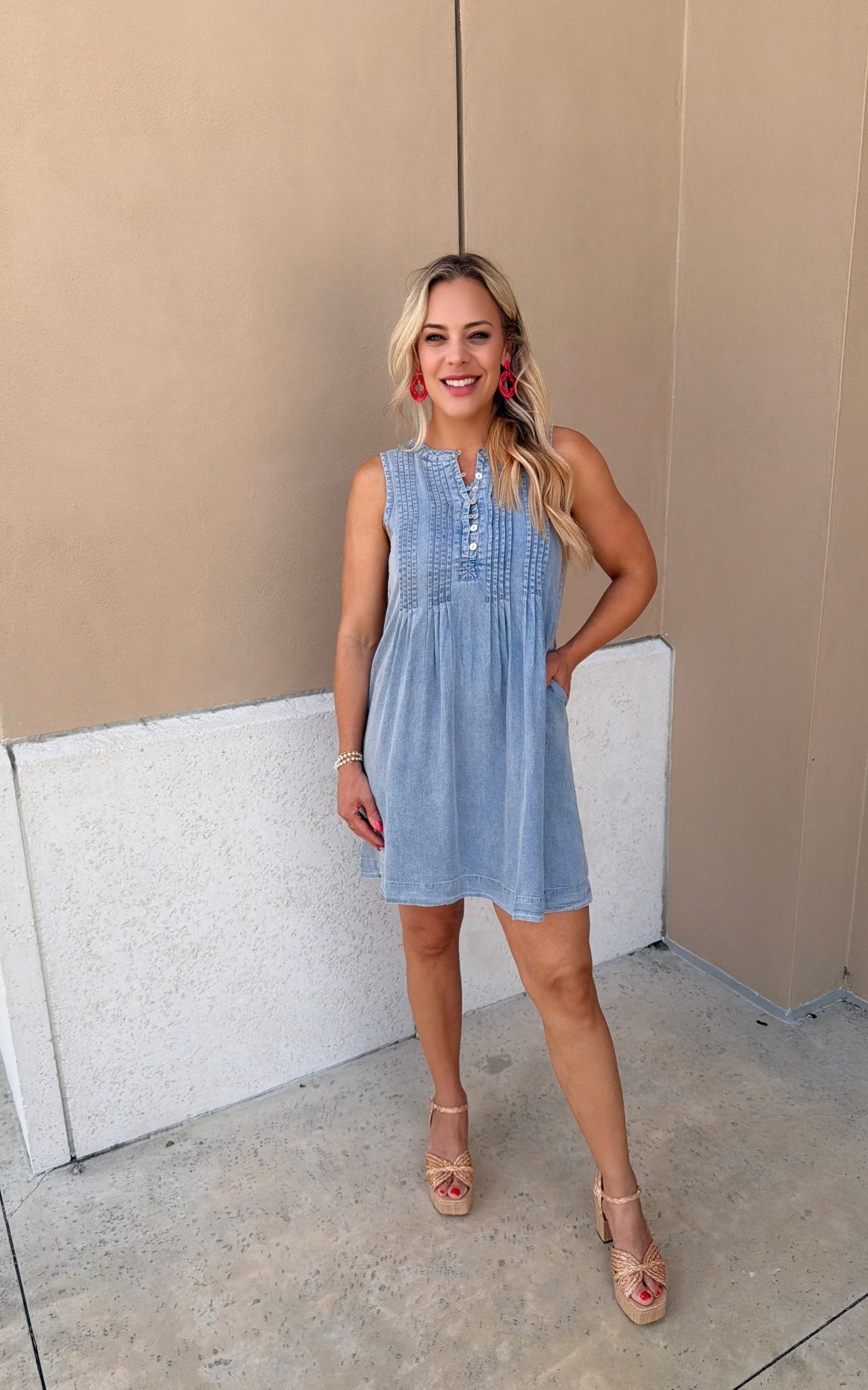THML Sleeveless Chambray Mini Dress - Fleur - De - Lis Boutique