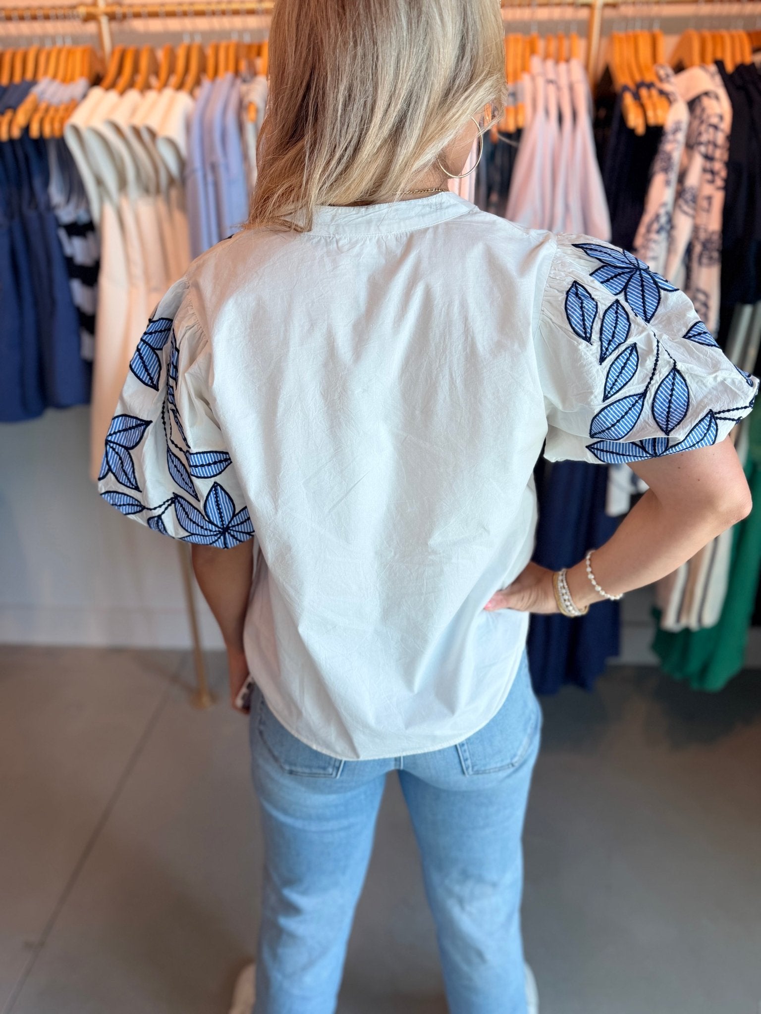 THML Puff Sleeve Embroidery Top White - Fleur - De - Lis Boutique