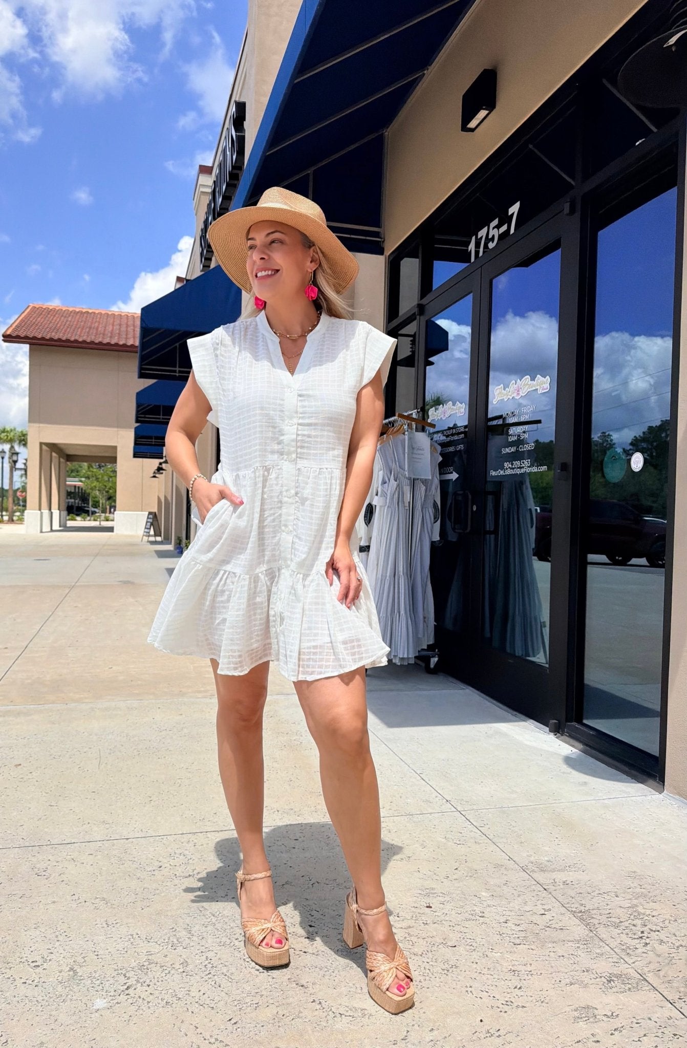 Elan Off White Windowpane Short Sleeve Mini Dress - Fleur - De - Lis Boutique