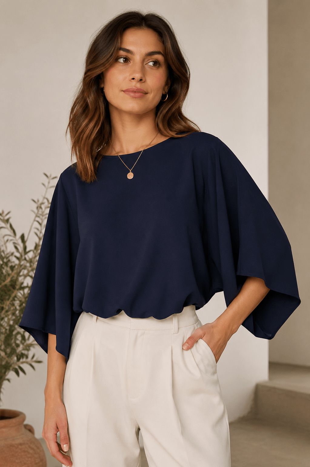 KDL Washed Satin Kimono Bubble Hem Top Navy - Fleur-De-Lis Boutique