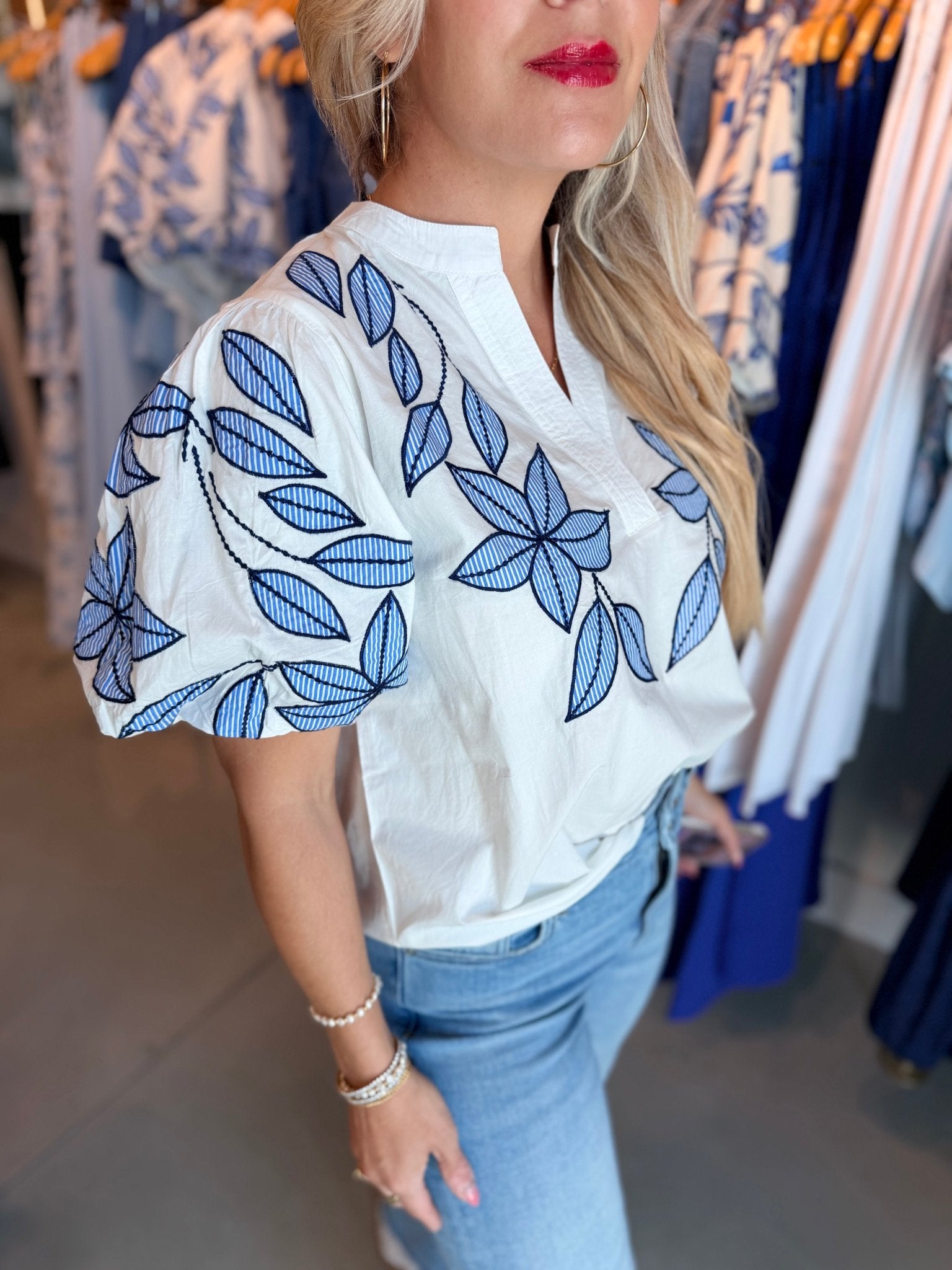 THML Puff Sleeve Embroidery Top White - Fleur - De - Lis Boutique