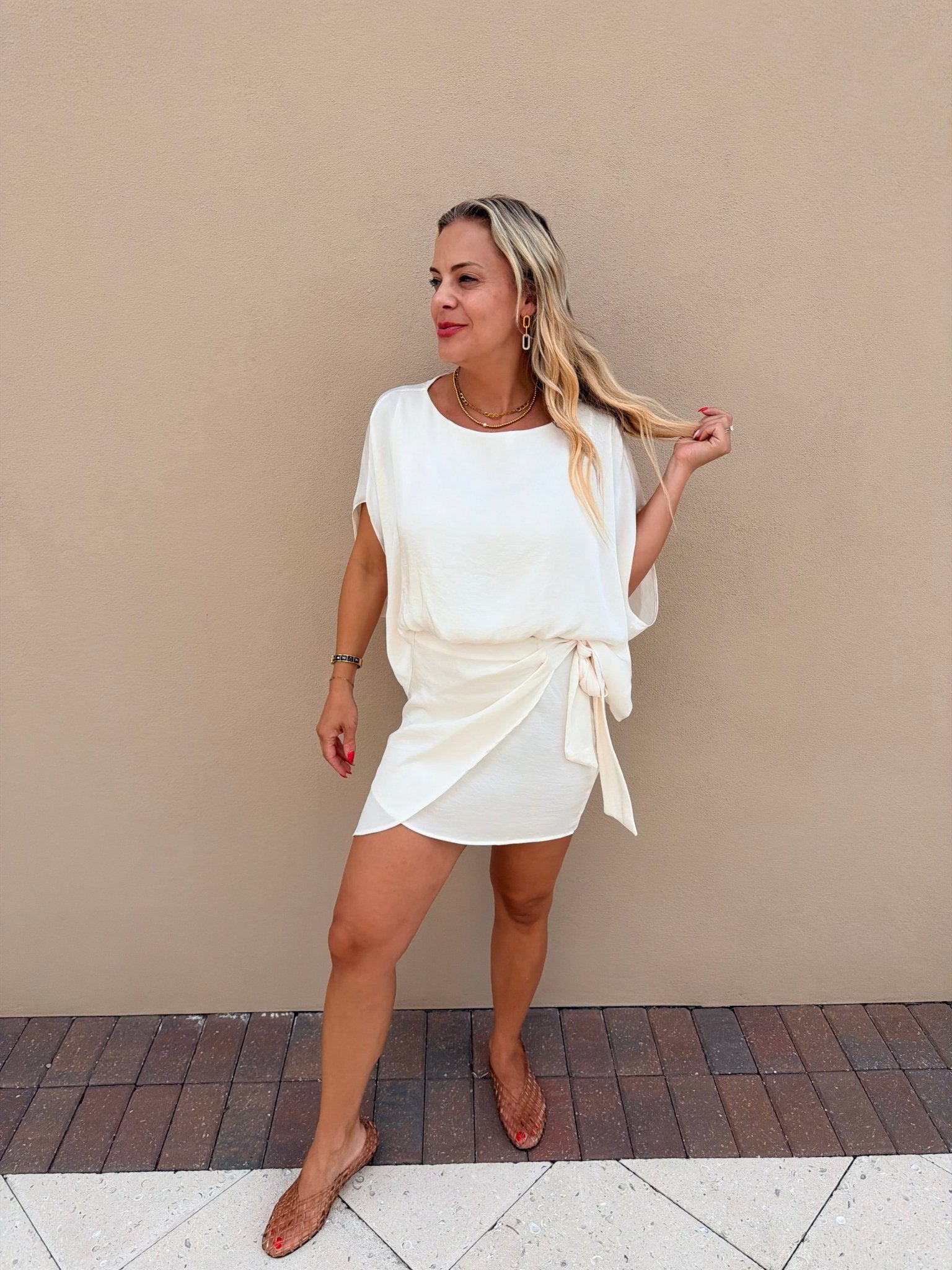 Ivory Dress with Drape Sleeve - Fleur-De-Lis Boutique