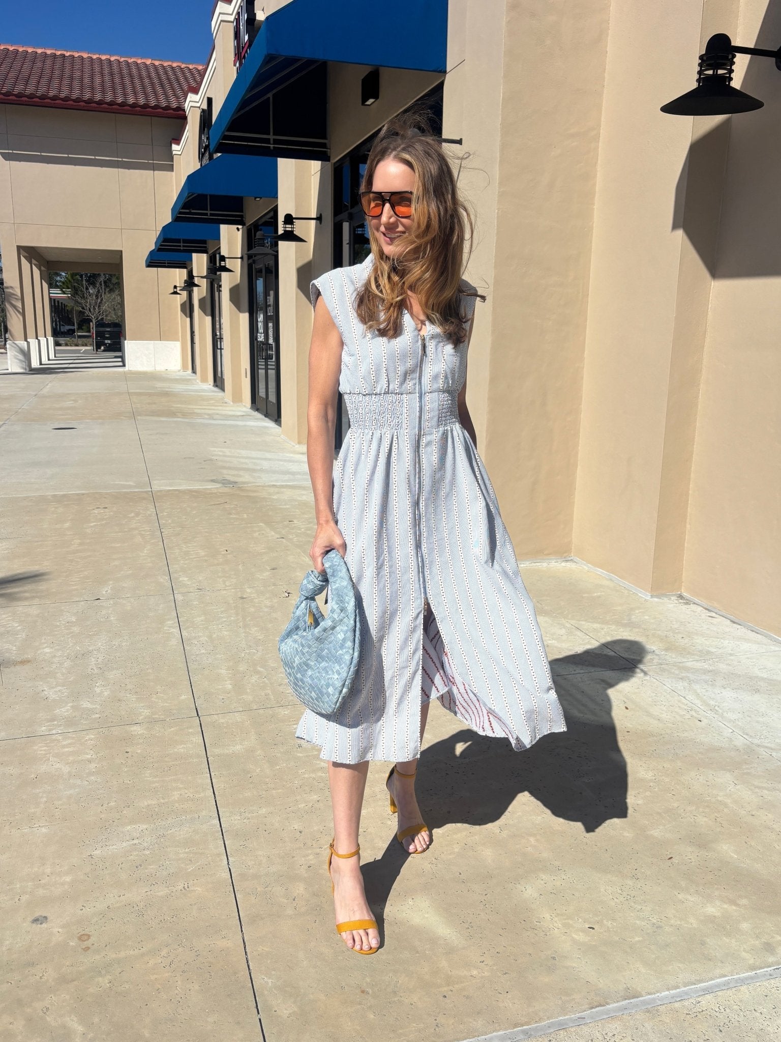 THML Sleeveless Floral Vine Striped Zipper Dress - Fleur - De - Lis Boutique