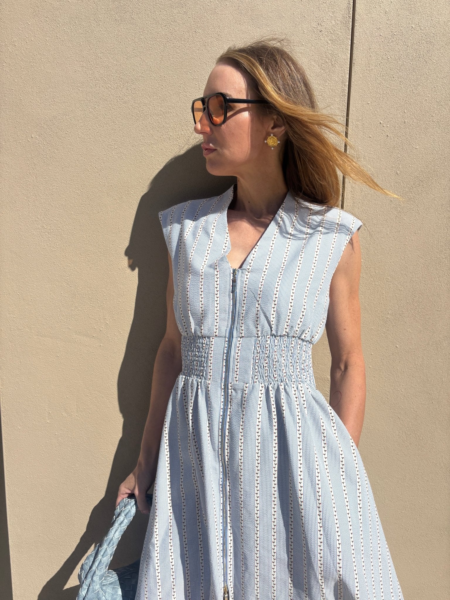 THML Sleeveless Floral Vine Striped Zipper Dress - Fleur - De - Lis Boutique