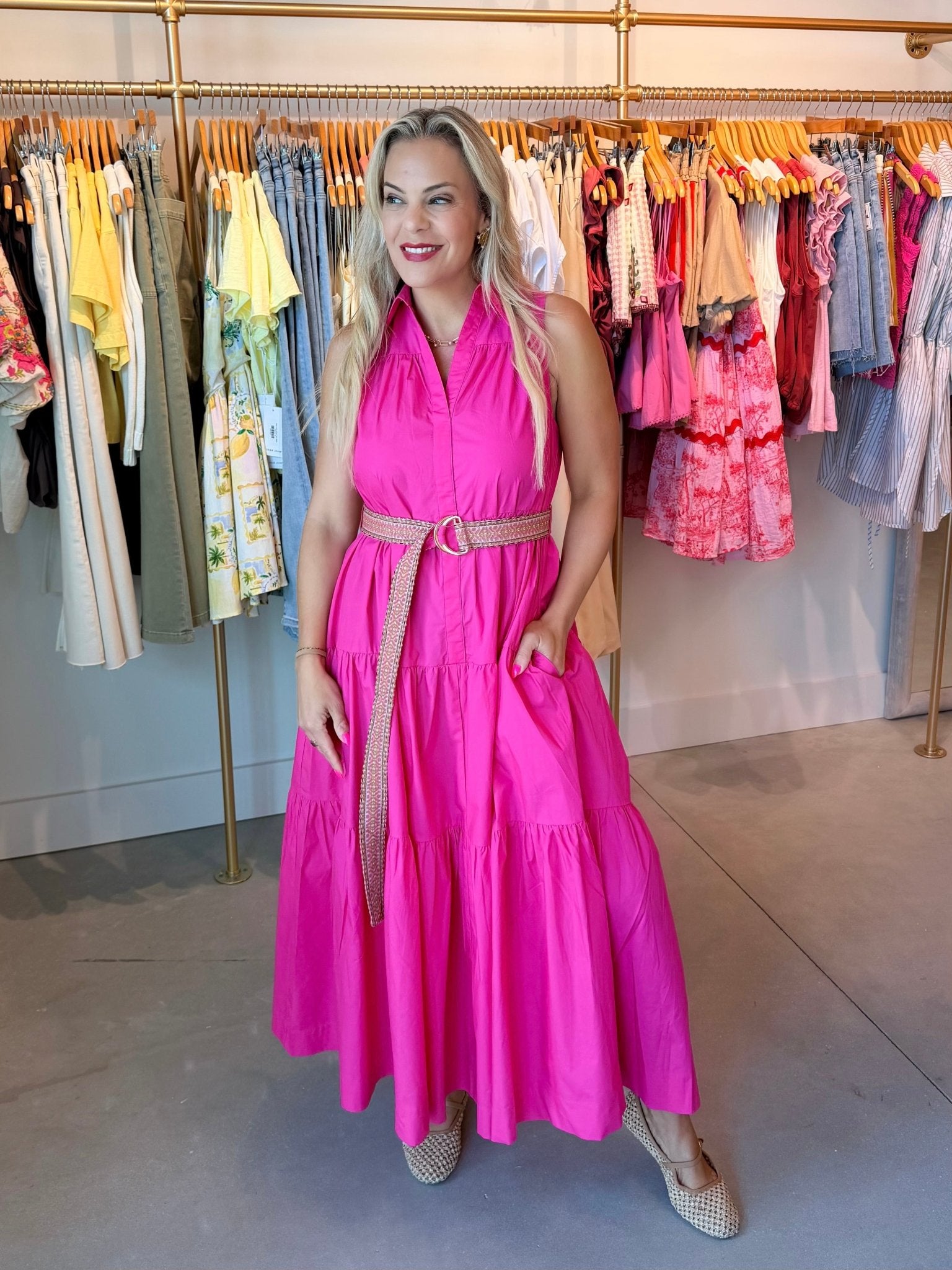 Pinch Tiered Midi Dress Hot Pink - Fleur-De-Lis Boutique