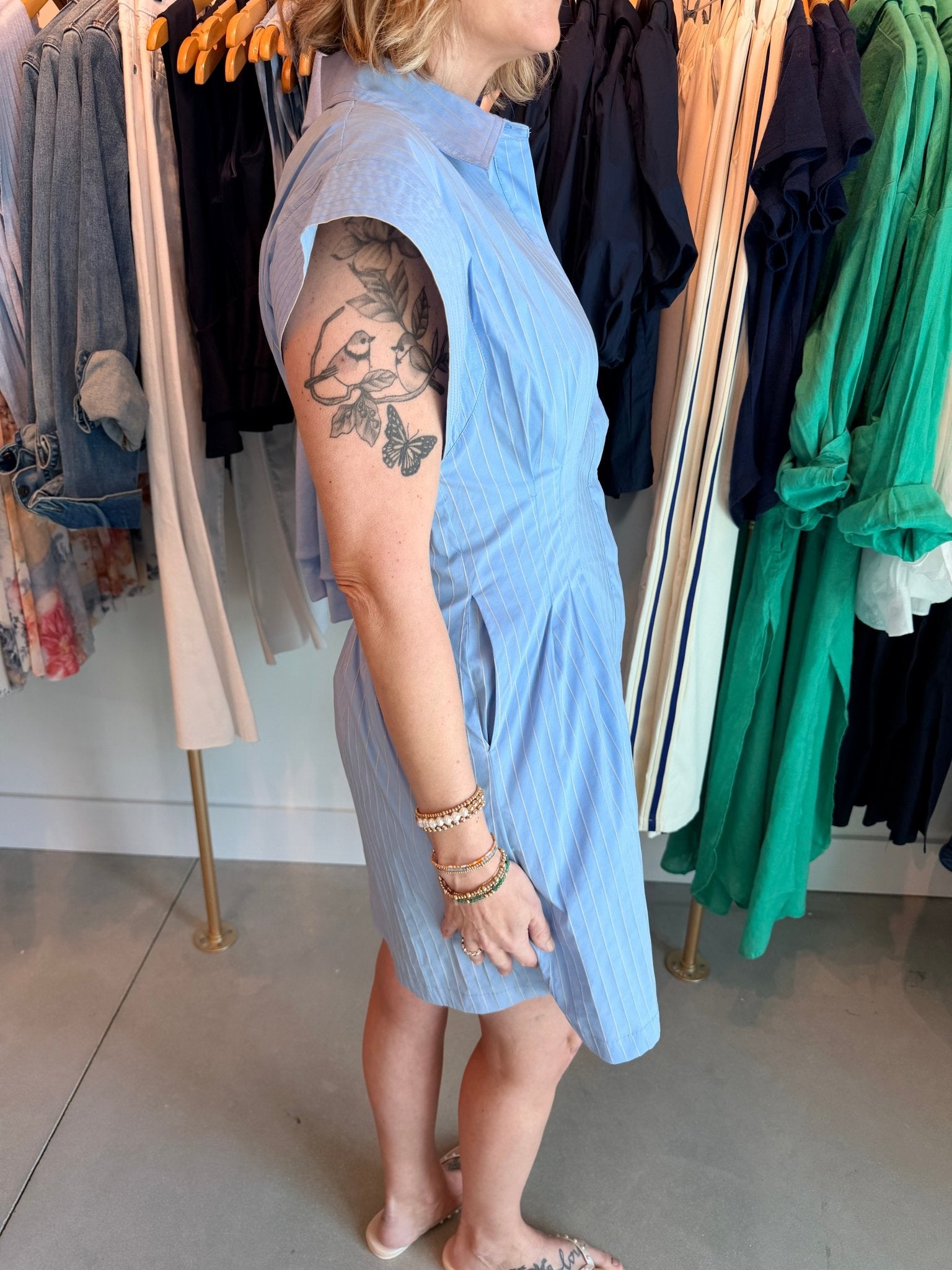 THML Short Sleeve Striped Button Down Dress Blue - Fleur - De - Lis Boutique