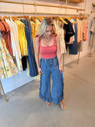 Vine & Love Flared Ruffle Hem Washed Chambray Crop Denim Pants - Fleur - De - Lis Boutique