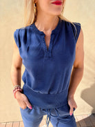 Bobi Los Angeles Split Neck Sleeveless Top - Fleur - De - Lis Boutique