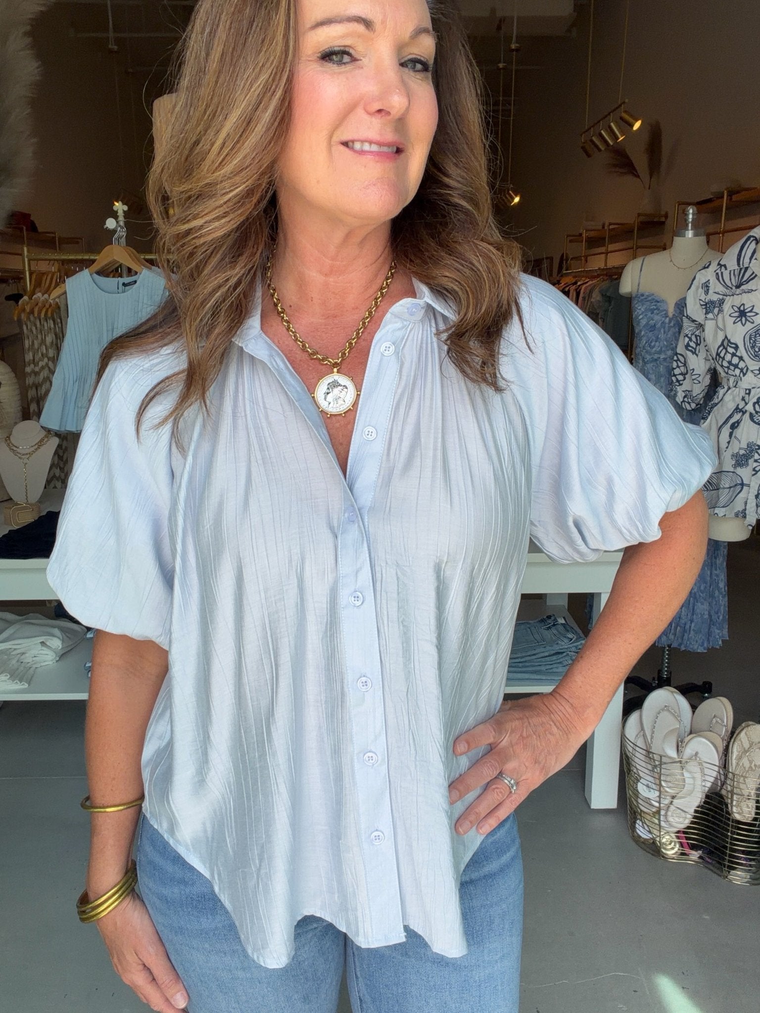 Bishop & Young Anise Bubble Sleeve Top Azure - Fleur - De - Lis Boutique