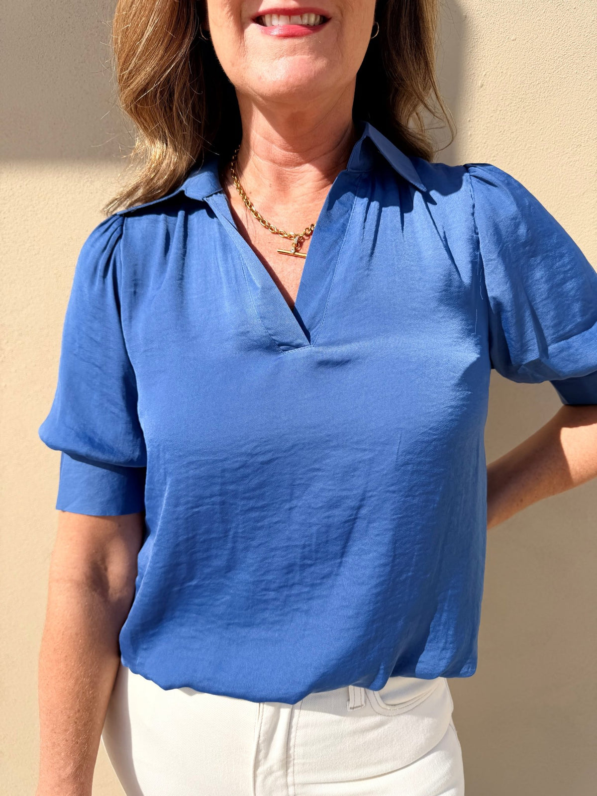 The Luxe Blouson Blouse- Clearwater blue - Fleur-De-Lis Boutique