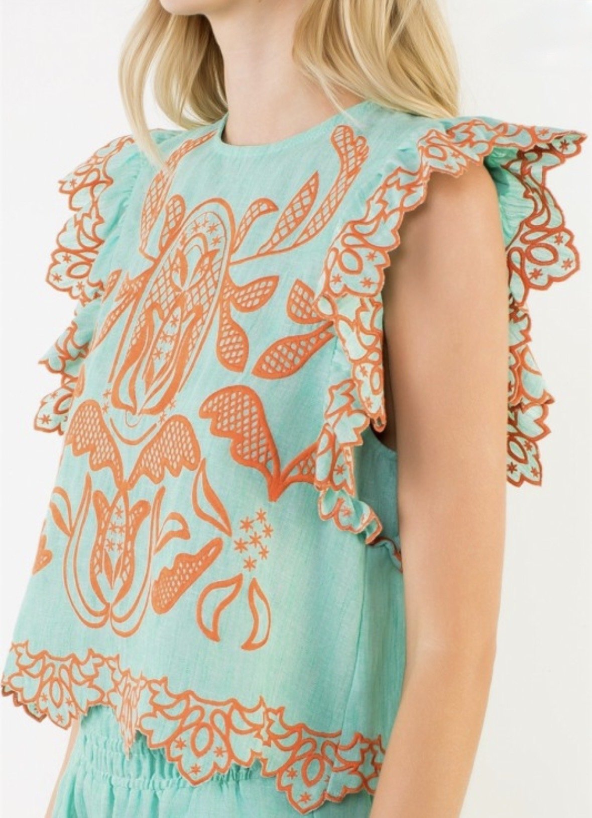 THML Embroidered Flutter Sleeve Top Turquoise and Orange - Fleur - De - Lis Boutique