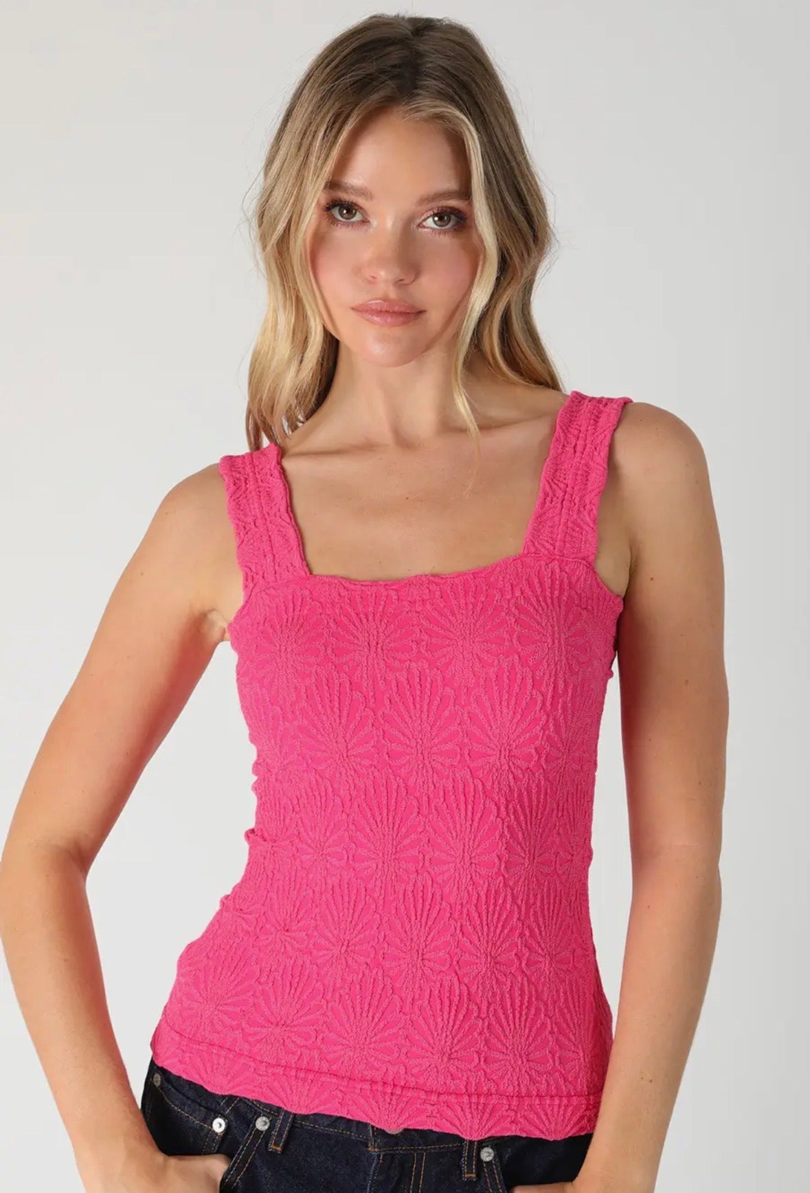 NIKIBIKI Lace Textured Square Neck Tank Aloha Fuchsia - Fleur - De - Lis Boutique