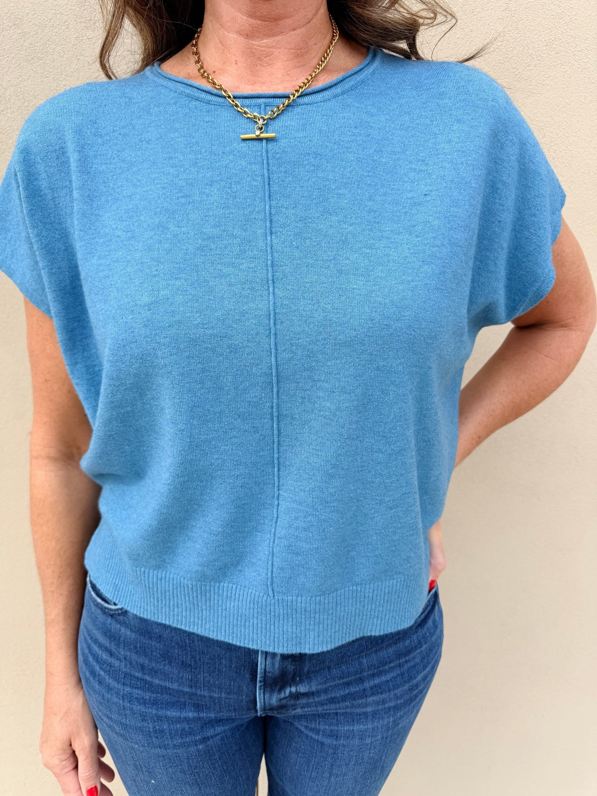 KDL Scoop Neck Short Sleeve Sweater Denim - Fleur-De-Lis Boutique
