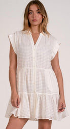 Elan Off White Windowpane Short Sleeve Mini Dress - Fleur - De - Lis Boutique