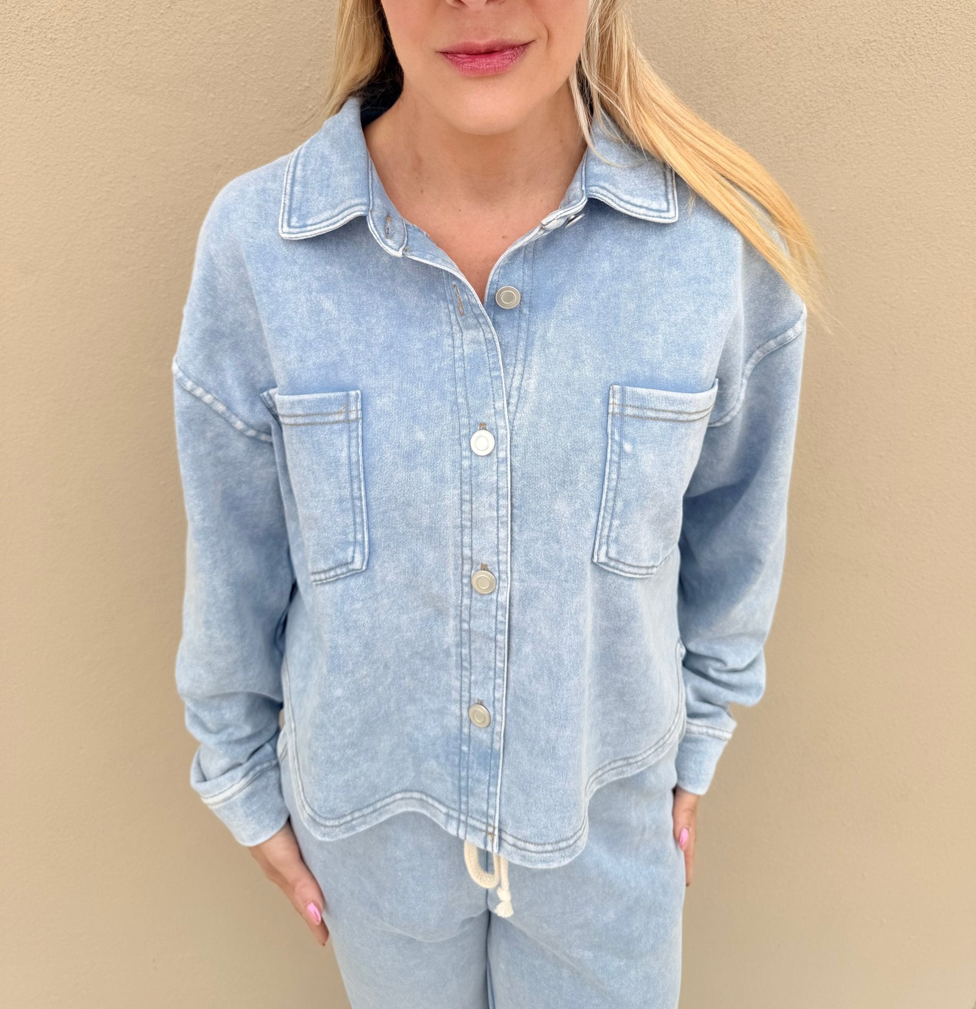 Dex Cropped Knit Overshirt Washed Light Blue - Fleur - De - Lis Boutique